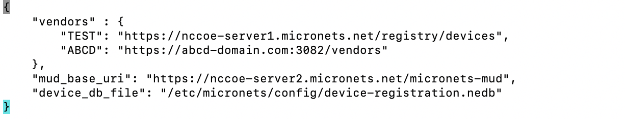 This image shows the contents of the "/etc/micronets/micronets-mud-registry.d/mud-registry.conf" on the MUD Registry.