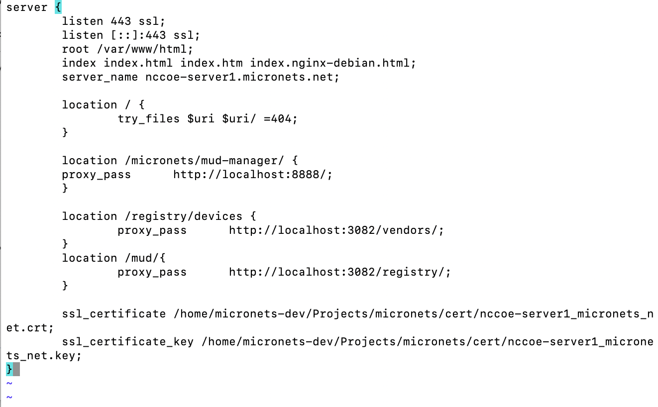 This image shows the contents of the "/etc/nginx/sites-available/nccoe-server1.micronets.net" on the MUD Registry.