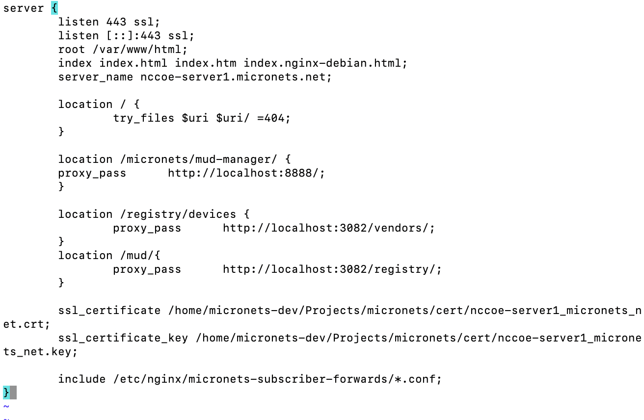 This image shows the contents of the "/etc/nginx/sites-available/nccoe-server1.micronets.net" file on the Micronets manager.