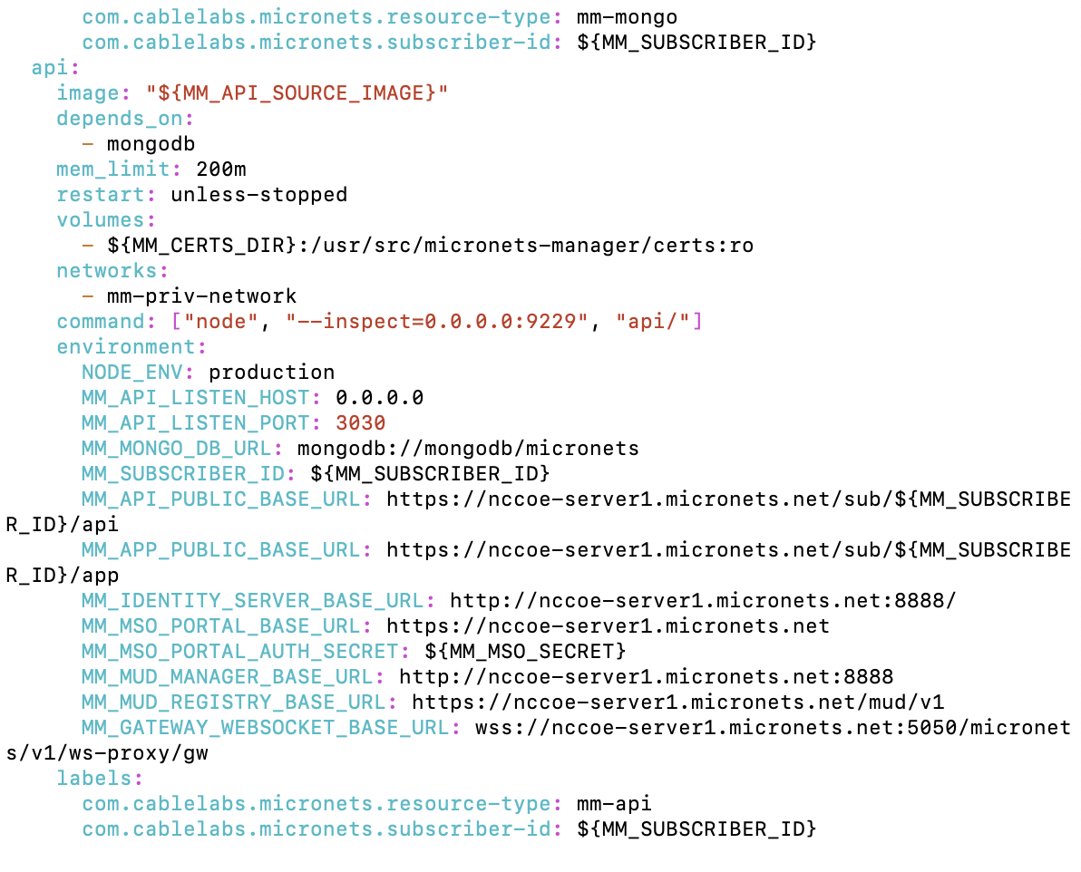 This image shows the contents of the "/etc/micronets/micronets-manager.d/docker-compose.yml" file on the Micronets manager.