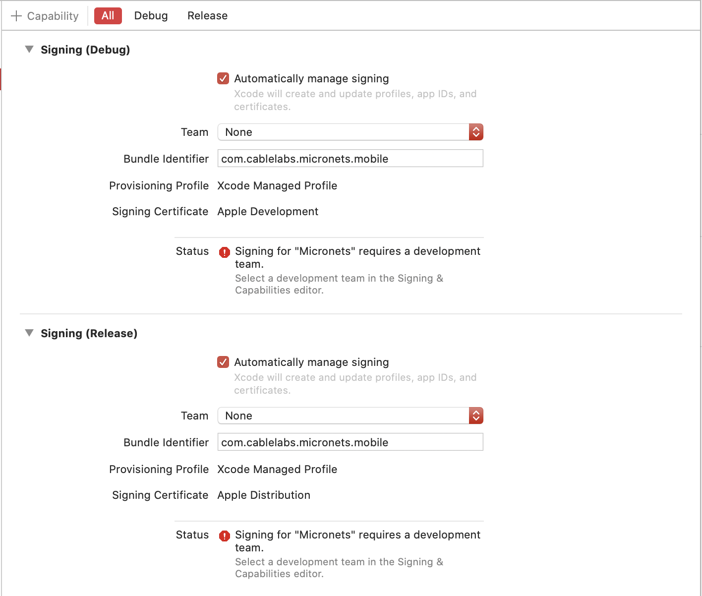 This image shows the Automatically manage signing checkbox.