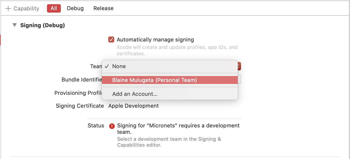 This image shows the Team dropdown.