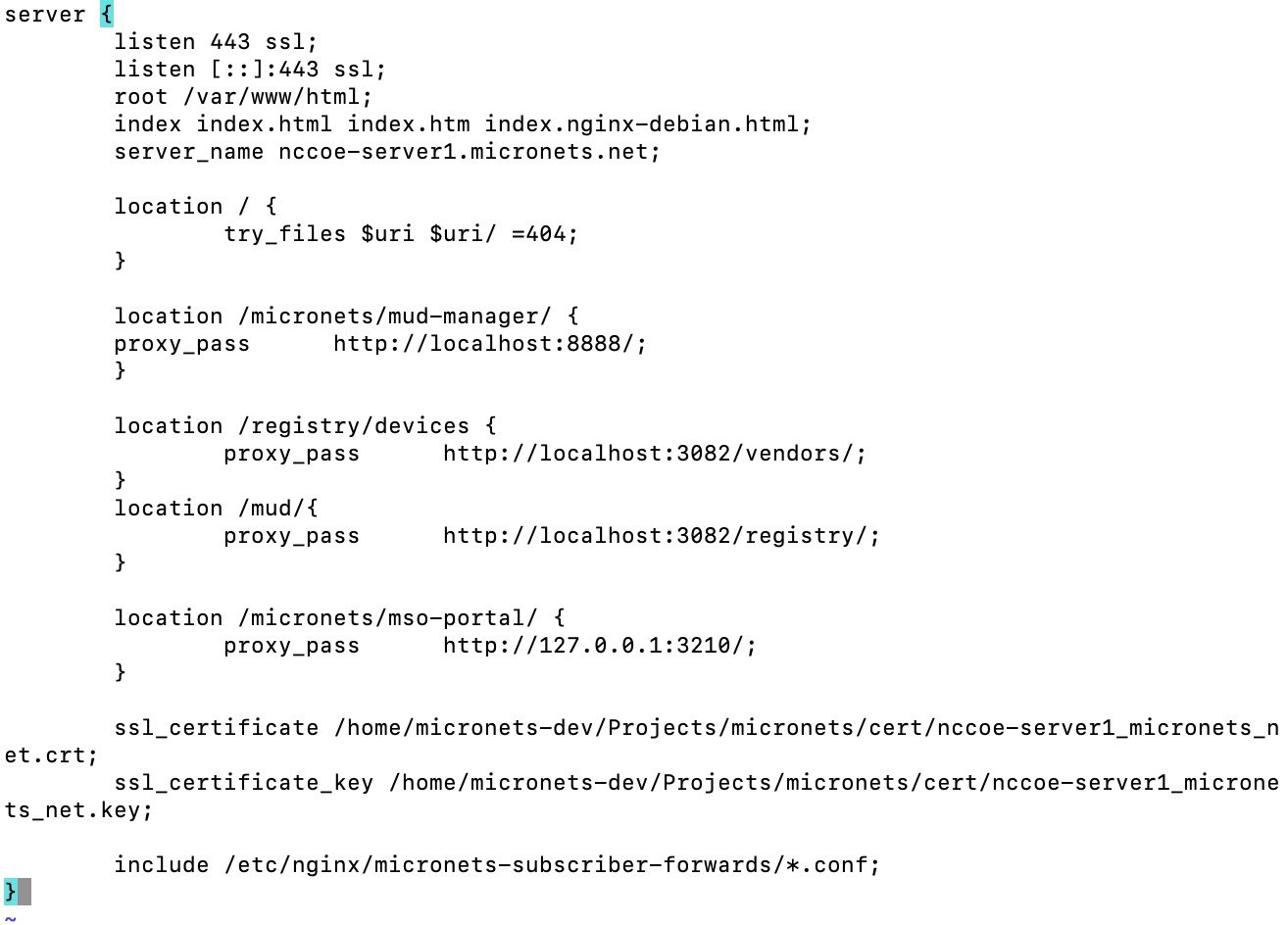 This image shows the contents of the "/etc/nginx/sites-available/nccoe-server1.micronets.net" file on the MSO portal.
