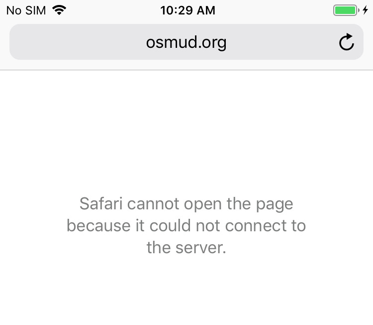 A screenshot of a cellphone trying to communicate with osmud.org. This communication fails as described procedure 4.