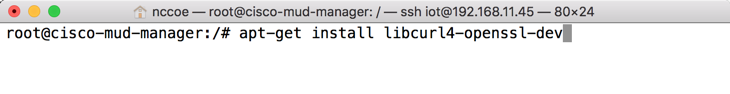 This image shows the command "sudo apt-get install libcurl4-openssl-dev" being run on the Cisco MUD Manager.