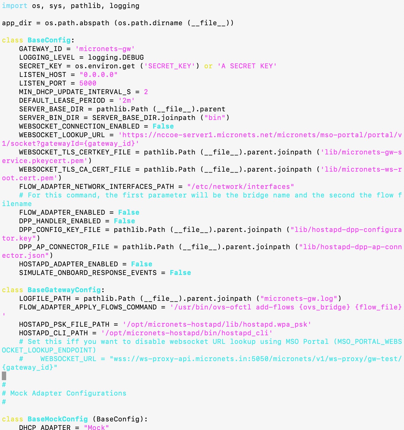 A screenshot of the micronets gateway config with the websocket lookup url and the gateway ID modified to reflect the specified endpoint and ID.