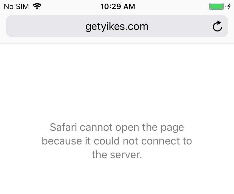 A screenshot of a cellphone trying to communicate with getyikes.com. This communication fails as described procedure 4.