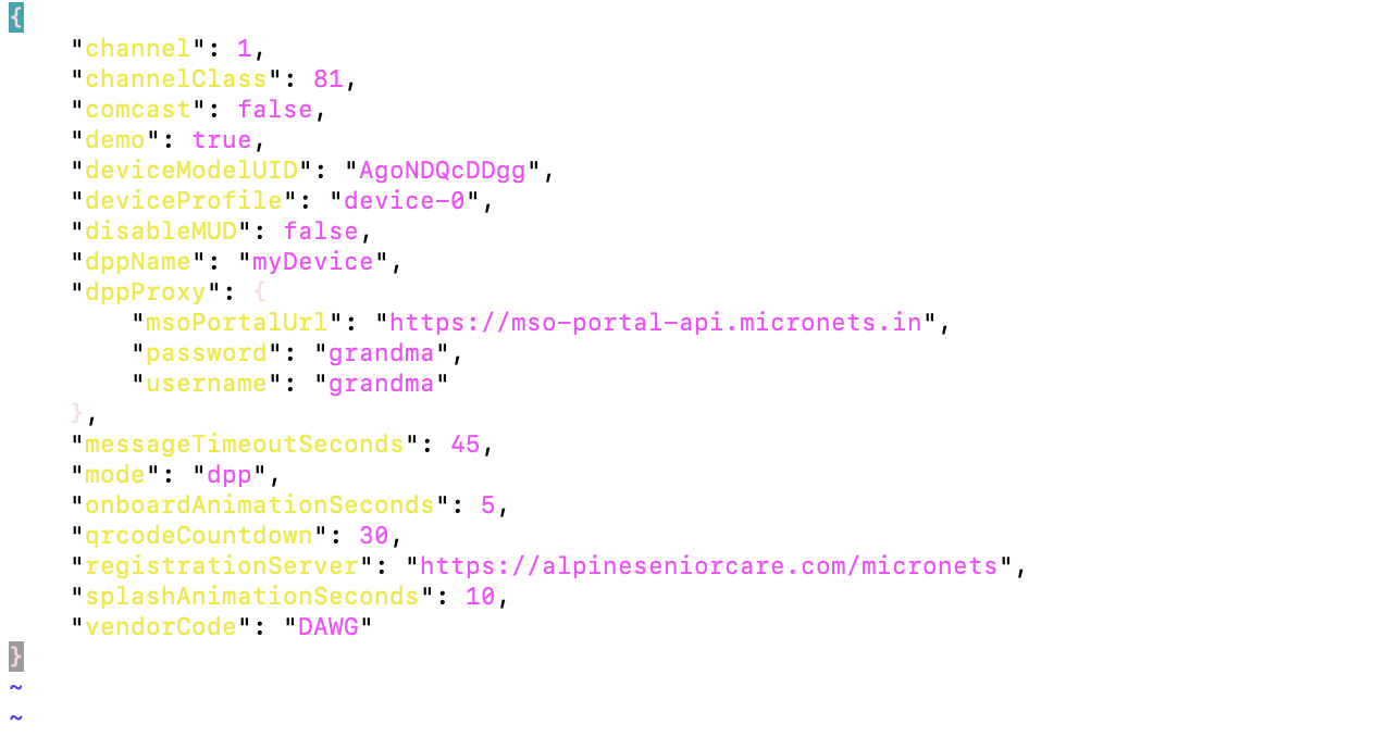 This image shows the content of the file "~/micronets-pi3/config/config.json" on the Raspberry Pi.