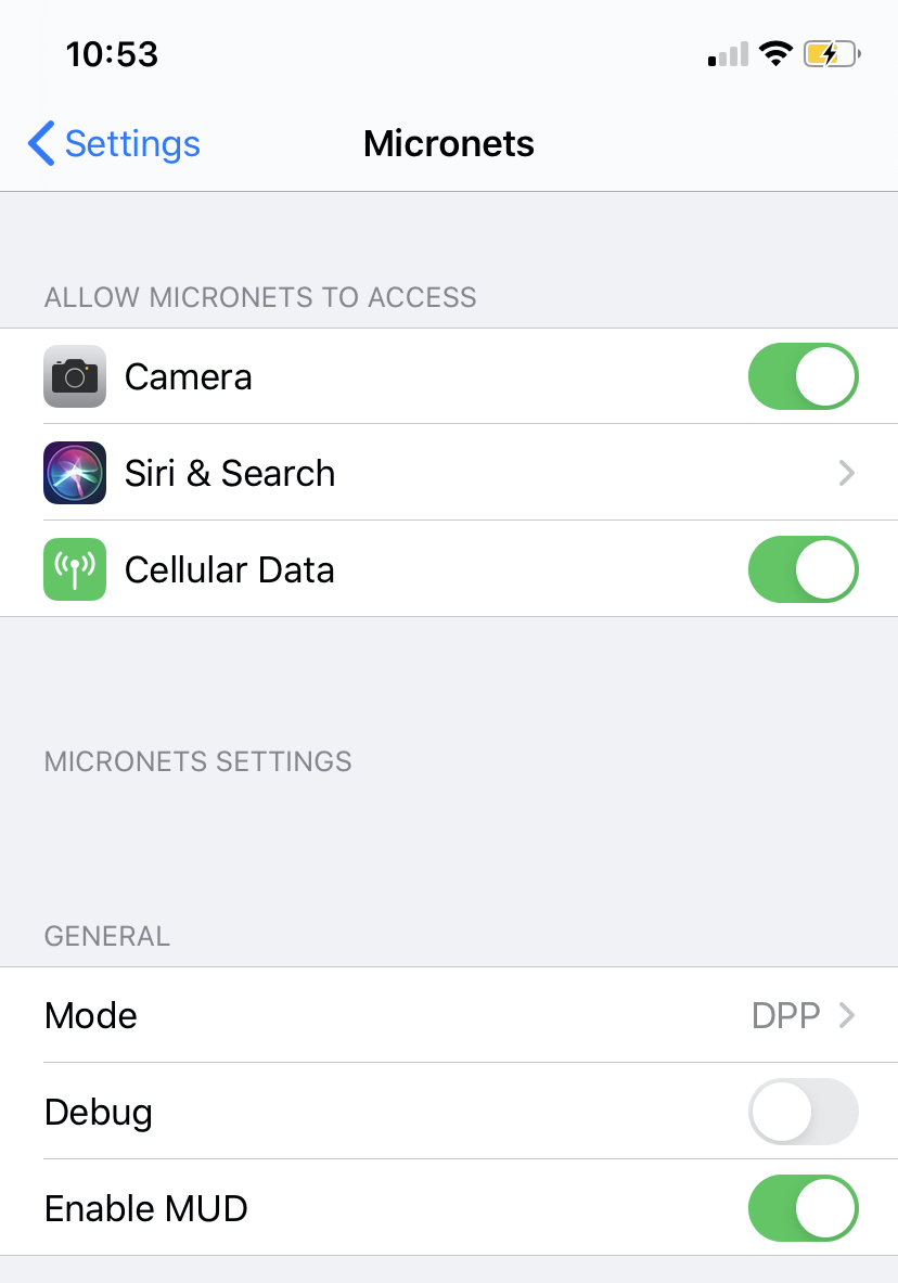 A screenshot of the settings menu for the general settings associated with the micronets moblie application modified to reflect the correct modes enabled.