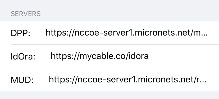 A screenshot of the settings menu for the servers associated with the micronets moblie application modified to reflect the correct servers.