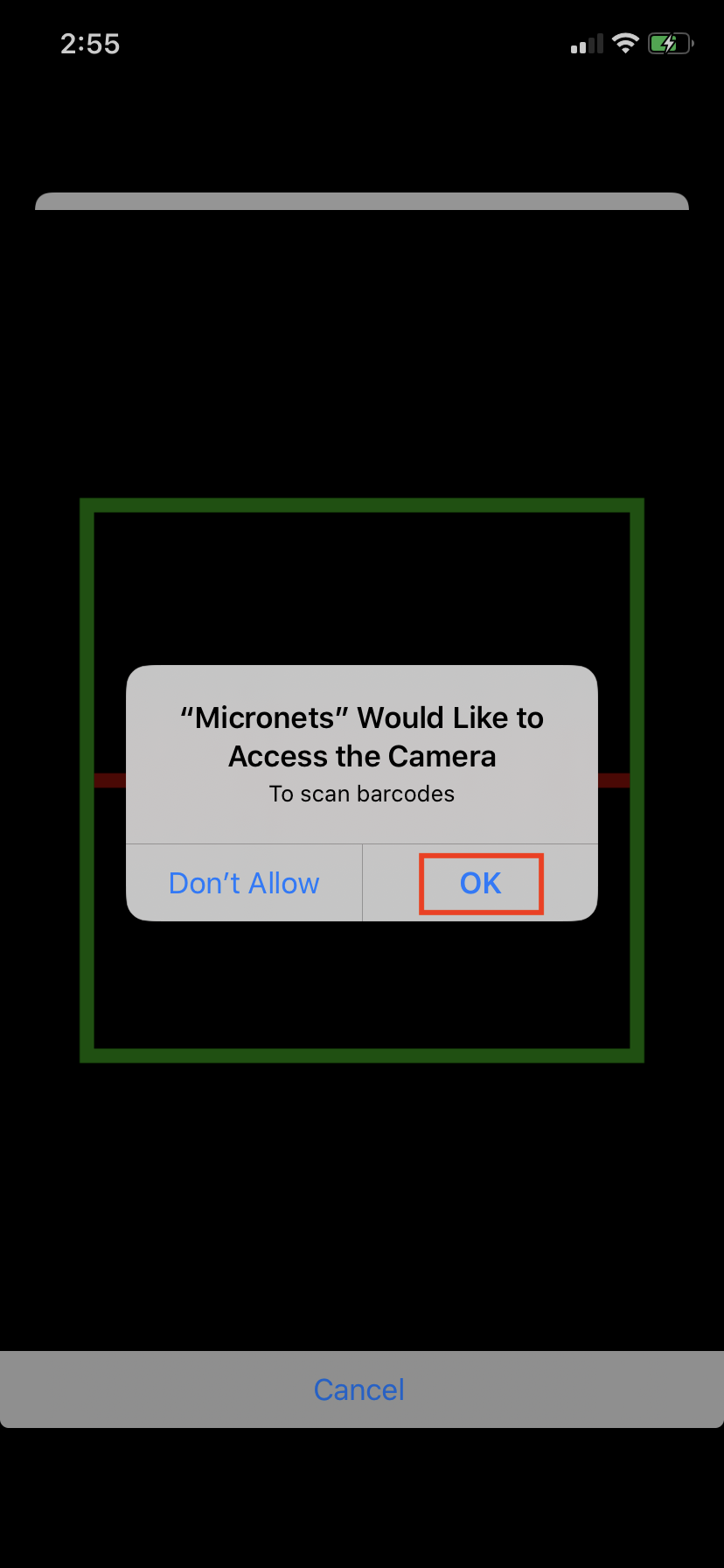 A screenshot of the micronets mobile application with a prompt for the user to allow Micronets to use access the camera. The OK button is enclosed with a red box, which is to be clicked.