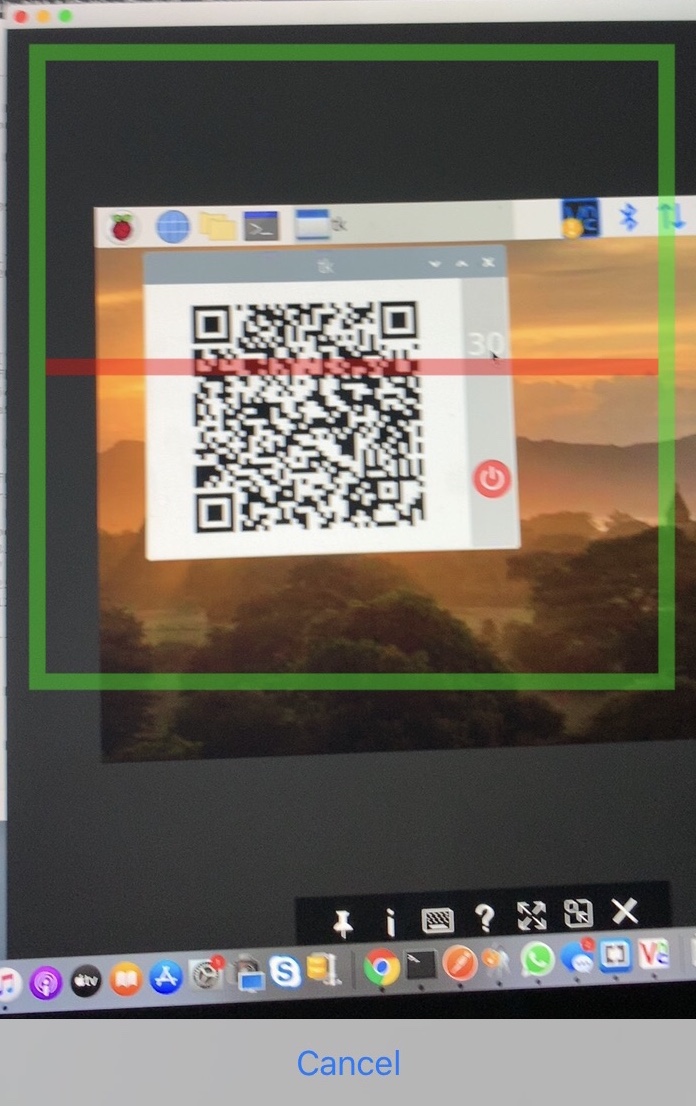 A screenshot of the micronets mobile application scanning the QR Code that has appeared on the proto-pi device.
