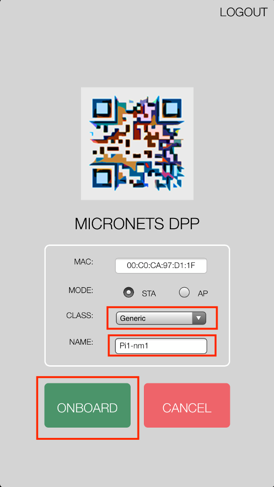 A screenshot of the Micronets mobile application in the onboarding page. The class and name are specified and the onboard button is enclosed in a red box, which is to be clicked.
