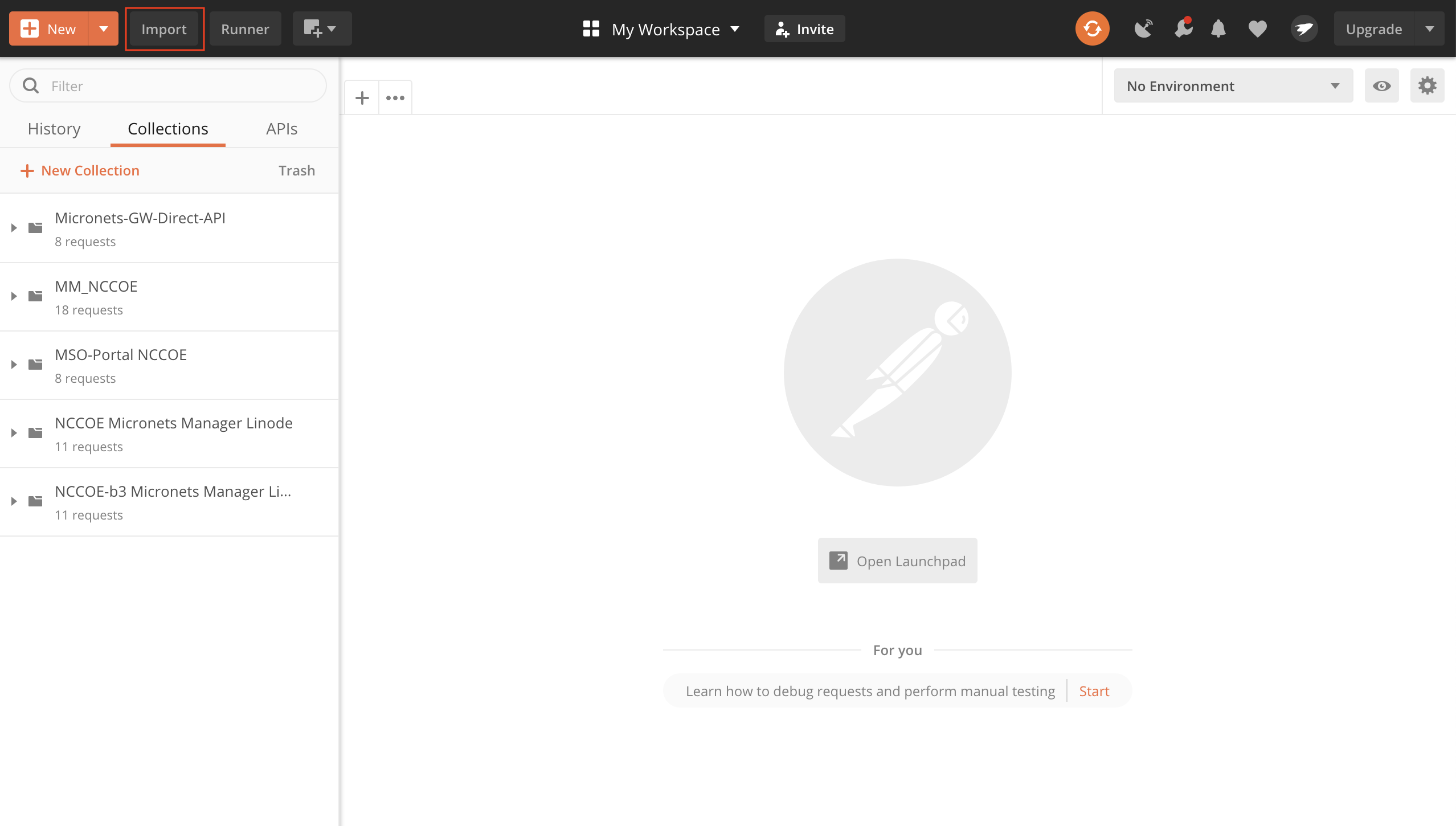 A screenshot of the postman application open and the import button in the top left hand corner of the application enclosed in a red box, which is to be clicked.