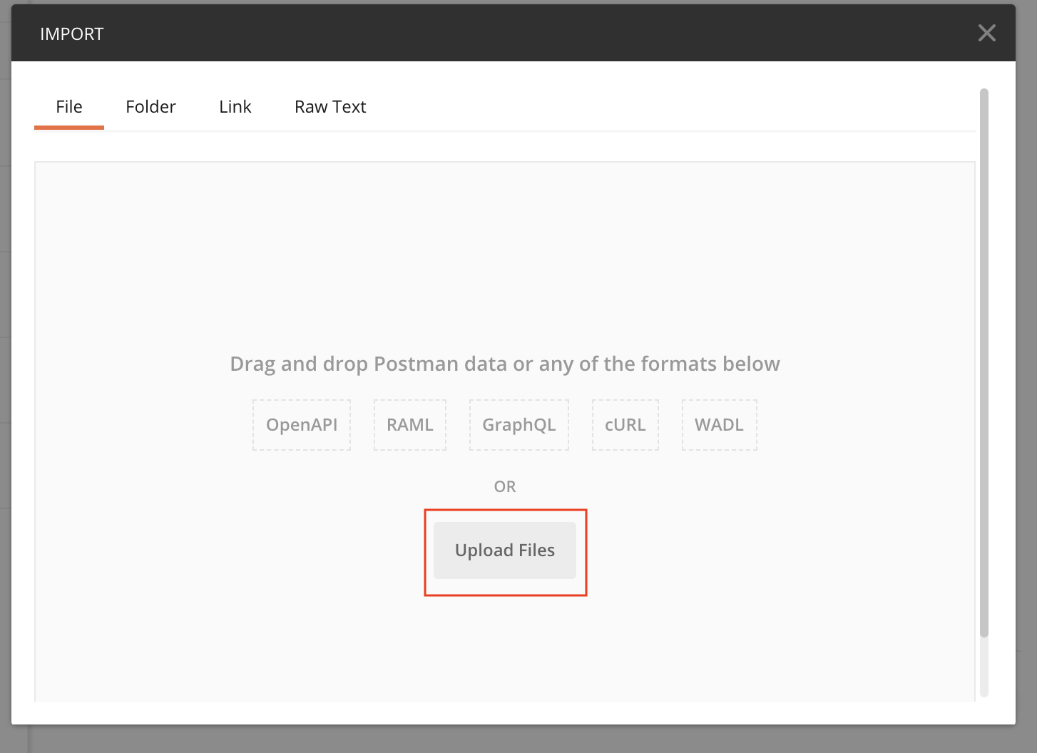 A screenshot of the import menu opened with the upload files button enclosed with a red box, which is to be clicked.