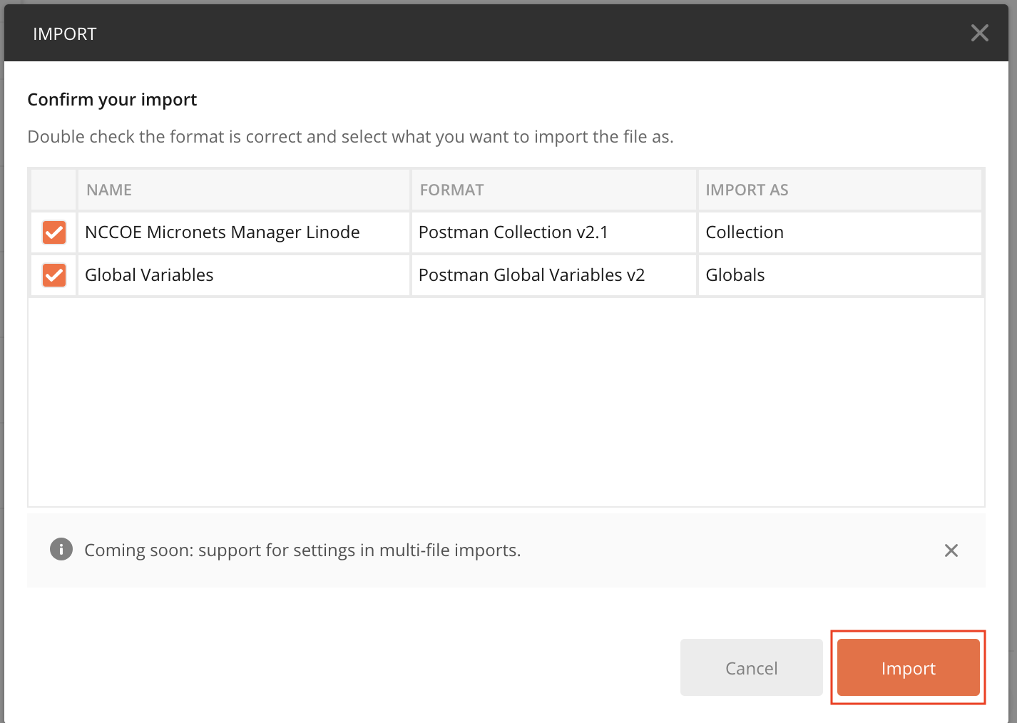 A screenshot of the two files selected to be opened and imported to the postman application. The open button is enclosed in a red box which is to be clicked.