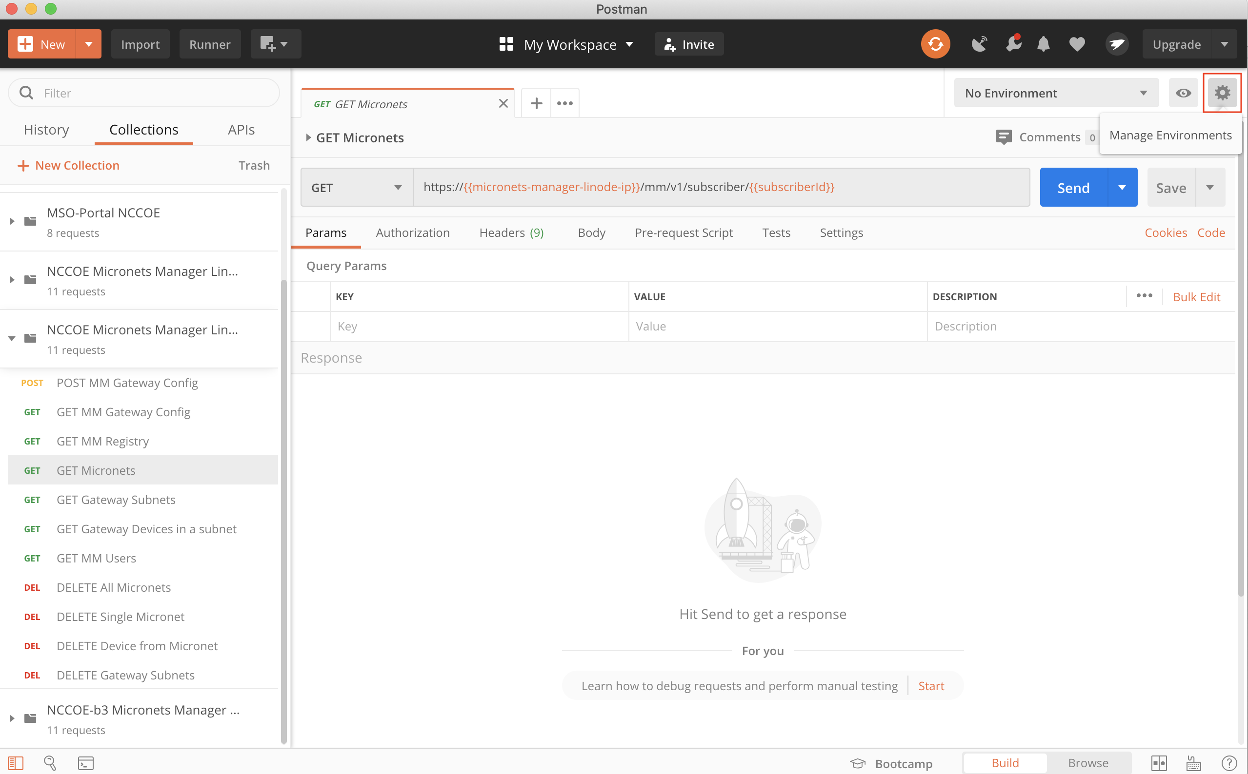 A screenshot of main page of the postman application with the gear button enclosed with a red box which is to be clicked.