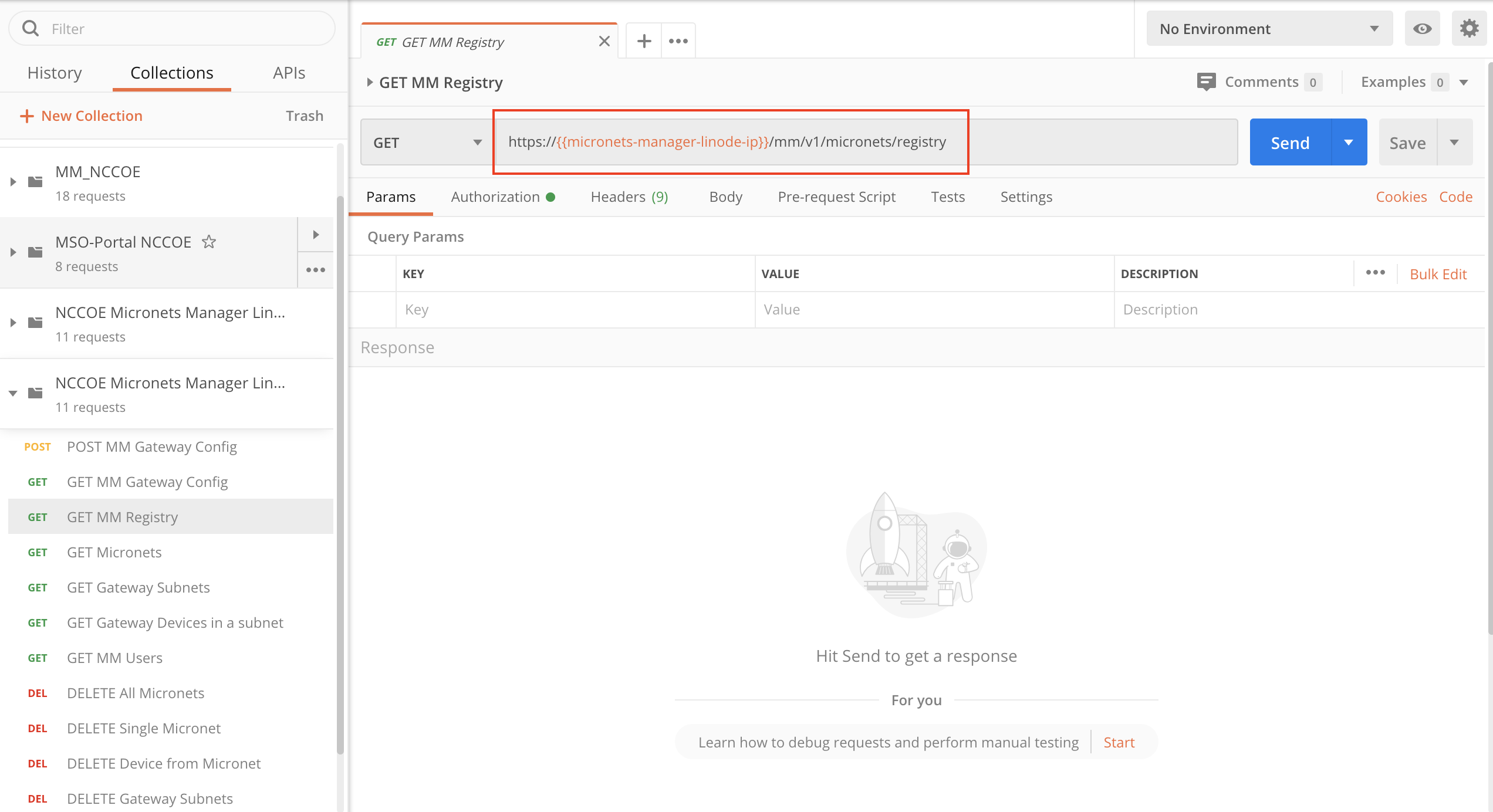 A screenshot showing the postman collection and the "GET MM Registry" request modified to include the URL: https://{{micronets-manager-linode-ip}}/mm/v1/micronets/registry