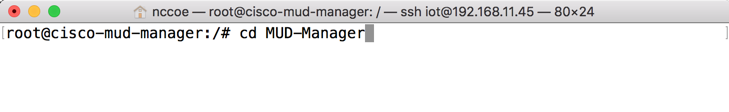 This image shows the command "cd MUD-Manager" being run on the Cisco MUD Manager.