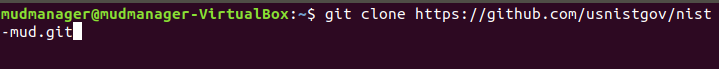 This image shows the command "git clone https://github.com/usnistgov/nist-mud.git" being run on the MUD Manager.