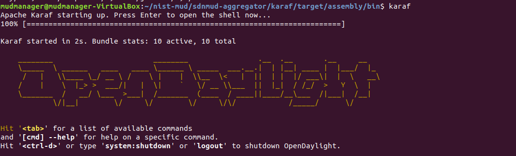 This image shows the commands "~/nist-mud/sdnmud-aggregator/karaf/target/assembly/bin" and "./karaf clean" being run on the MUD Manager.