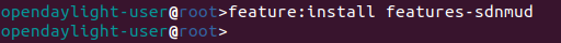 This image shows the command "feature:install features-sdnmud" being run at the Karaf prompt on the MUD Manager.