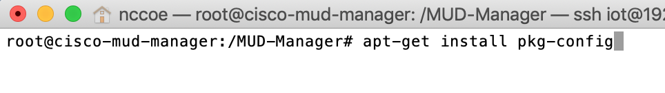 This image shows the command "apt-get install pkg-config" being run on the Cisco MUD Manager.