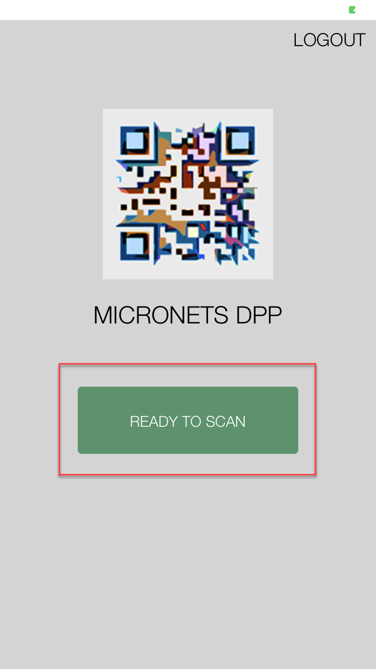 A screenshot of the home screen for Micronets mobile application. The ready to scan button is surrounded by a red callout box.