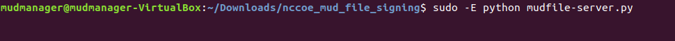 This image shows the command "sudo -E python mudfile-server.py" being run on the MUD Manager.