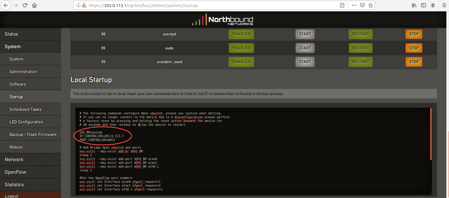 This image shows a screenshot of the Northbound Networks Zodiac configuration webpage, in the Startup tab.