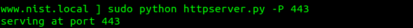 This image shows the httpserver.py script being run on a Raspberry Pi by executing "sudo python httpserver.py -P 443"