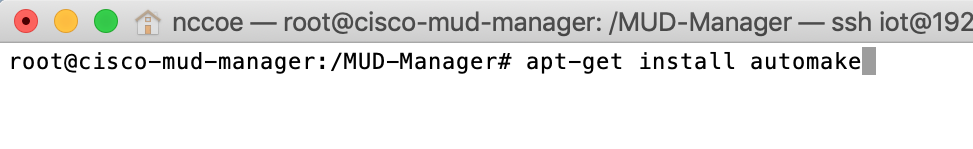 This image shows the command "apt-get install automake" being run on the Cisco MUD Manager.