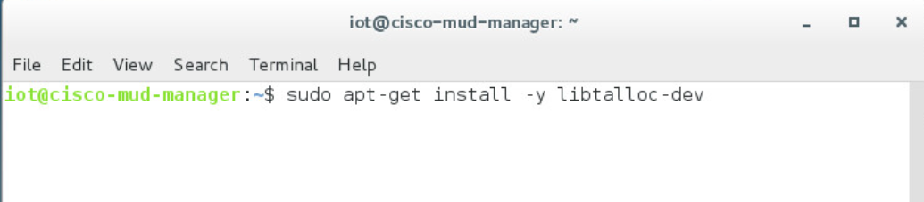 This image shows the command "sudo apt-get install -y libtalloc-dev" being run on the Cisco MUD Manager.