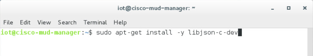 This image shows the command "sudo apt-get install -y libjson-c-dev" being run on the Cisco MUD Manager.