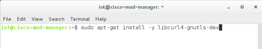 This image shows the command "sudo apt-get install -y libcurl4-gnutls-dev" being run on the Cisco MUD Manager.