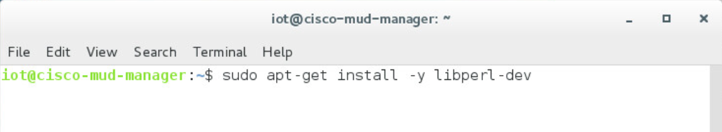 This image shows the command "sudo apt-get install -y libperl-dev" being run on the Cisco MUD Manager.