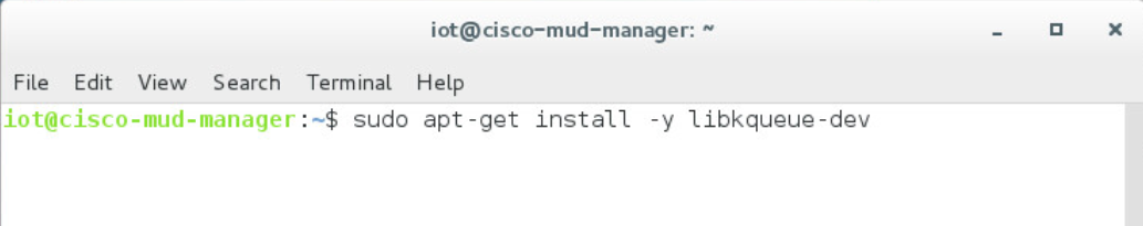 This image shows the command "sudo apt-get install -y libkqueue-dev" being run on the Cisco MUD Manager.
