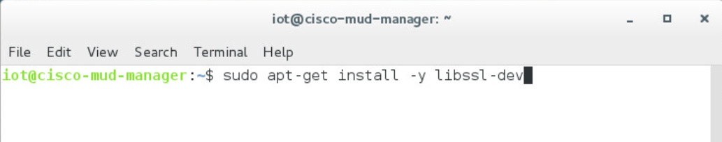 This image shows the command "sudo apt-get install -y libssl-dev" being run on the Cisco MUD Manager.