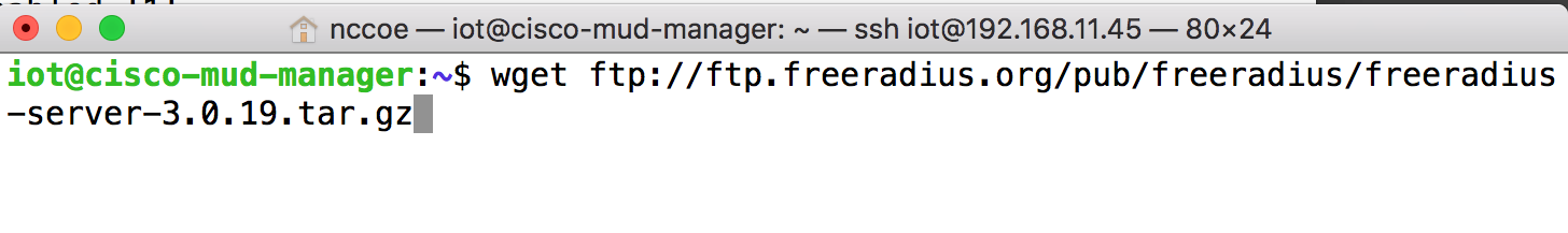 This image shows the command "wget ftp://ftp.freeradius.org/pub/freeradius/freeradius-server-3.0.19.tar.gz" being run on the Cisco MUD Manager.