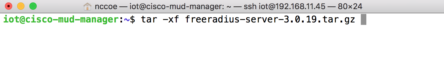 This image shows the command "tar -xf freeradius-server-3.0.19.tar.gz" being run on the Cisco MUD Manager.