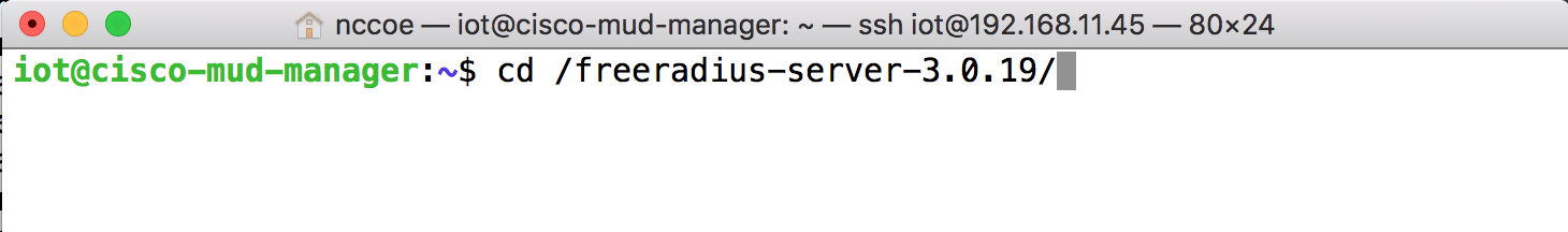 This image shows the command "cd /freeradius-server-3.0.19/" being run on the Cisco MUD Manager.