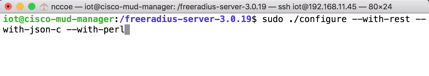 This image shows the command "sudo ./configure --with-rest --with-json-c --with-perl" being run on the Cisco MUD Manager.