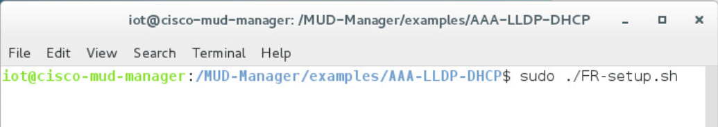 This image shows the command "sudo ./FR-setup.sh" being run on the Cisco MUD Manager.