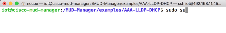 This image shows the command "sudo su" being run on the Cisco MUD Manager.