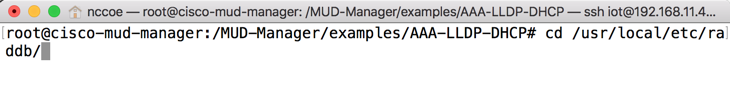 This image shows the command "cd /usr/local/etc/raddb" being run on the Cisco MUD Manager.