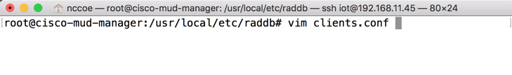 This image shows the command "vim clients.conf" being run on the Cisco MUD Manager.