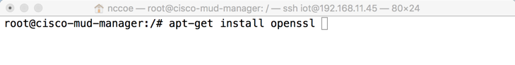 This image shows the command "apt-get install openssl" being run on the Cisco MUD Manager.