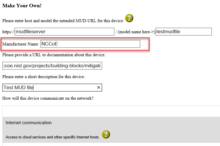 An image of mudmaker.org with the Manufacturer Name section highlighted.