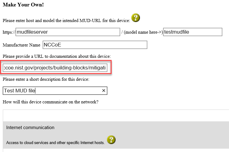 An image of mudmaker.org with the URL to documentation about this device section highlighted.