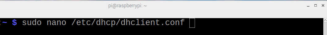 This image shows the command "sudo nano /etc/dhcp/dhclient.conf" being run on the Raspberry Pi Devkit.